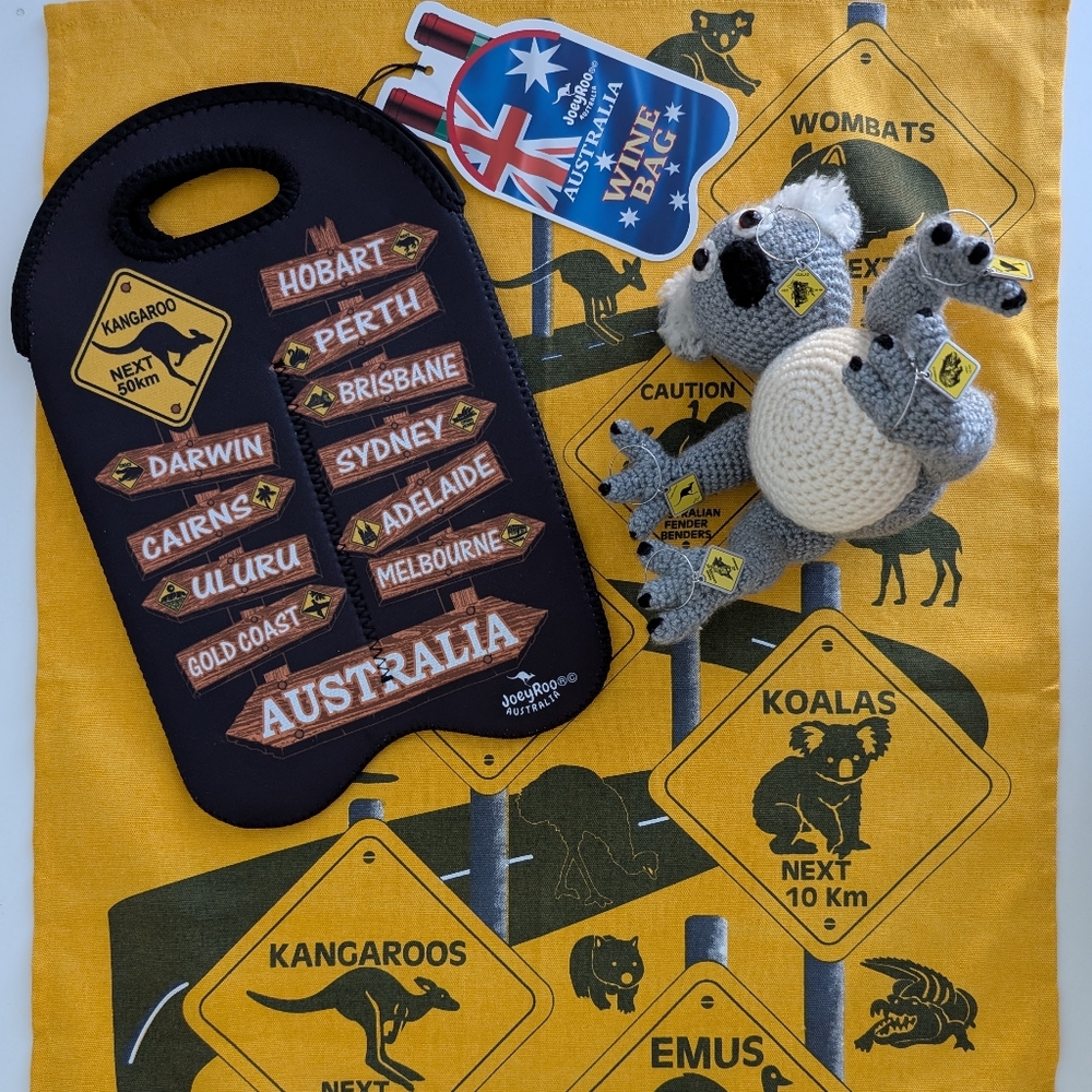 BUNDLE Australia Road Trip Bottle Carry Bag Wine Charms Tea Towel Crochet Koala